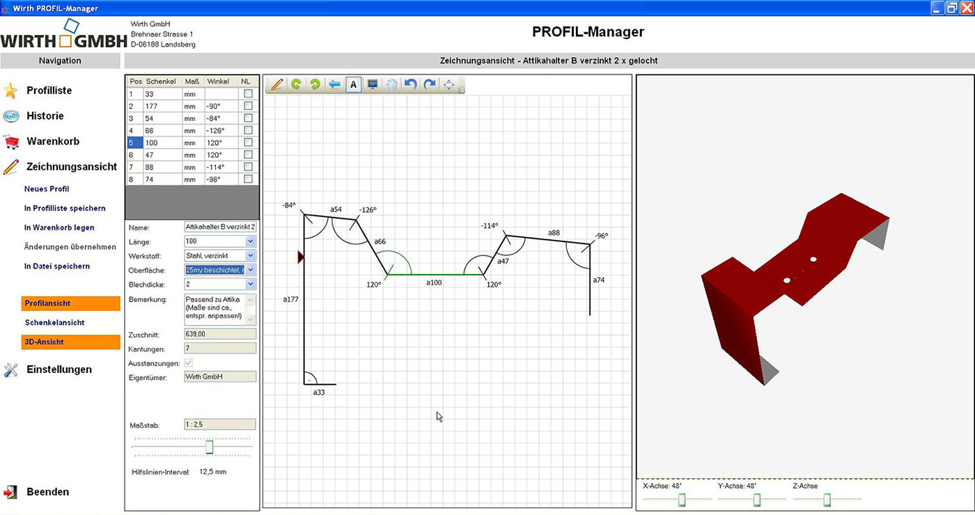Abbildung: WIRTH Profil Manager, Profilbearbeitung