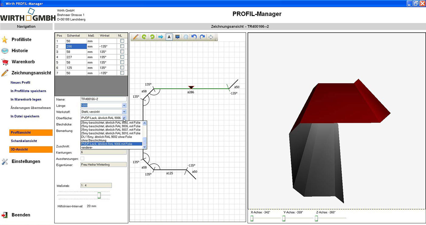 Abbildung: WIRTH Profil Manager, Sichtseitendarstellung